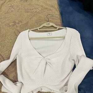 Abercrombie & Fitch Cream Ribbed Knot Front Blouse